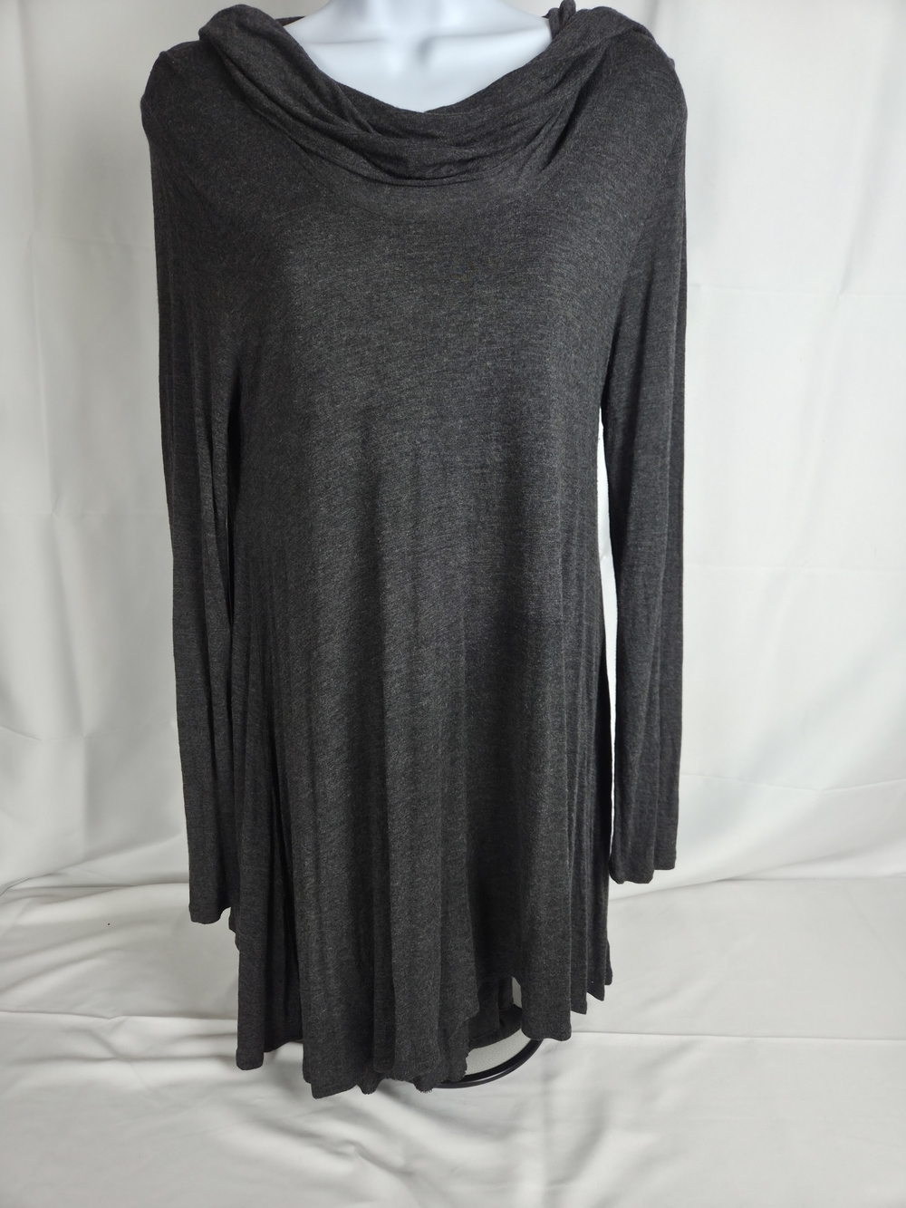 Kensie Long Sleeve Draped Neck Tunic Dress in Charcoal Gray
